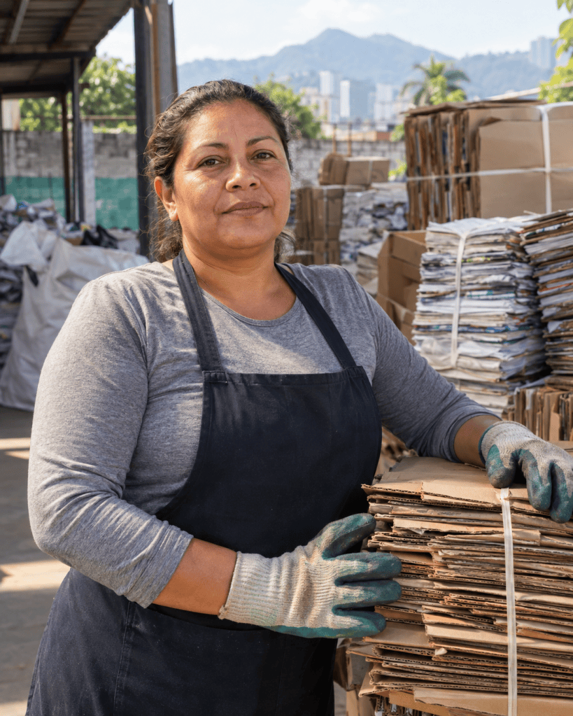 Emprendedora del reciclaje junto a cartón y papel clasificado en El Salvador